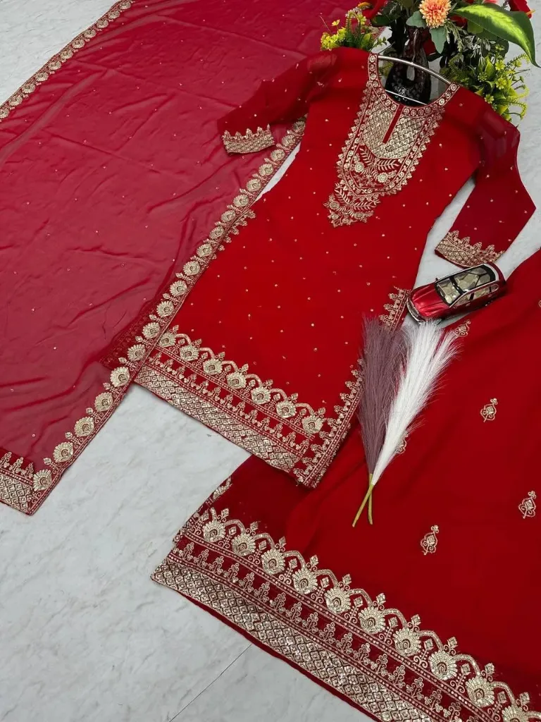 Designer Georgette Sequin Embroidered Top, Sharara Palazzo & Dupatta Set