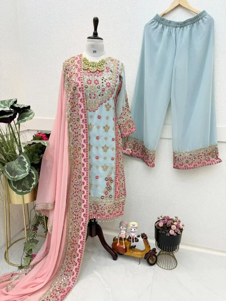 Fox Georgette Sequin Embroidered Kurta, Sharara & Dupatta Set