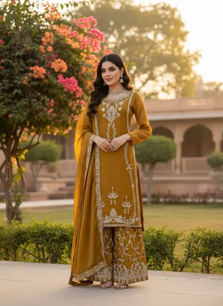 Premium JMC Silk Thread and Sequin Embroidered Palazzo Set with Dupatta