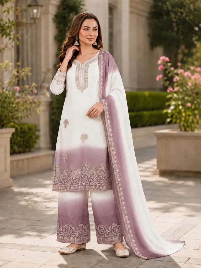 Dual Tone Star Georgette Embroidered Top, Palazzo & Dupatta Set