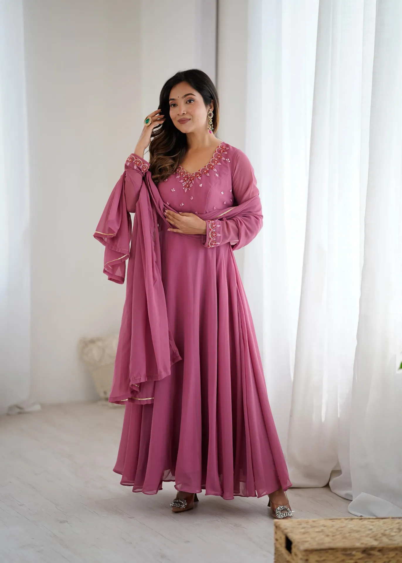 Fox Georgette Handwork Anarkali with Crepe Pants and Gota Patti Dupatta (S)