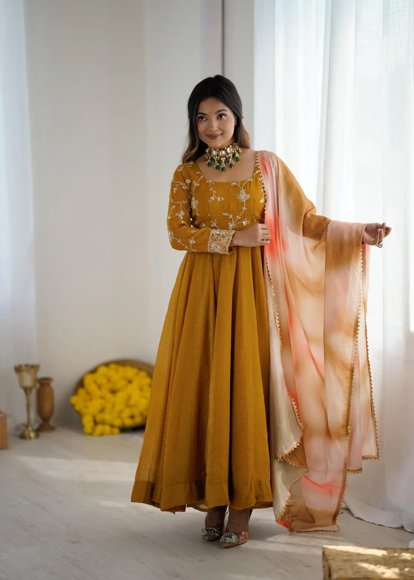 Crunchy Silk Sequin Embroidered Gown, Palazzo & Digitally Printed Chinon Dupatta Set
