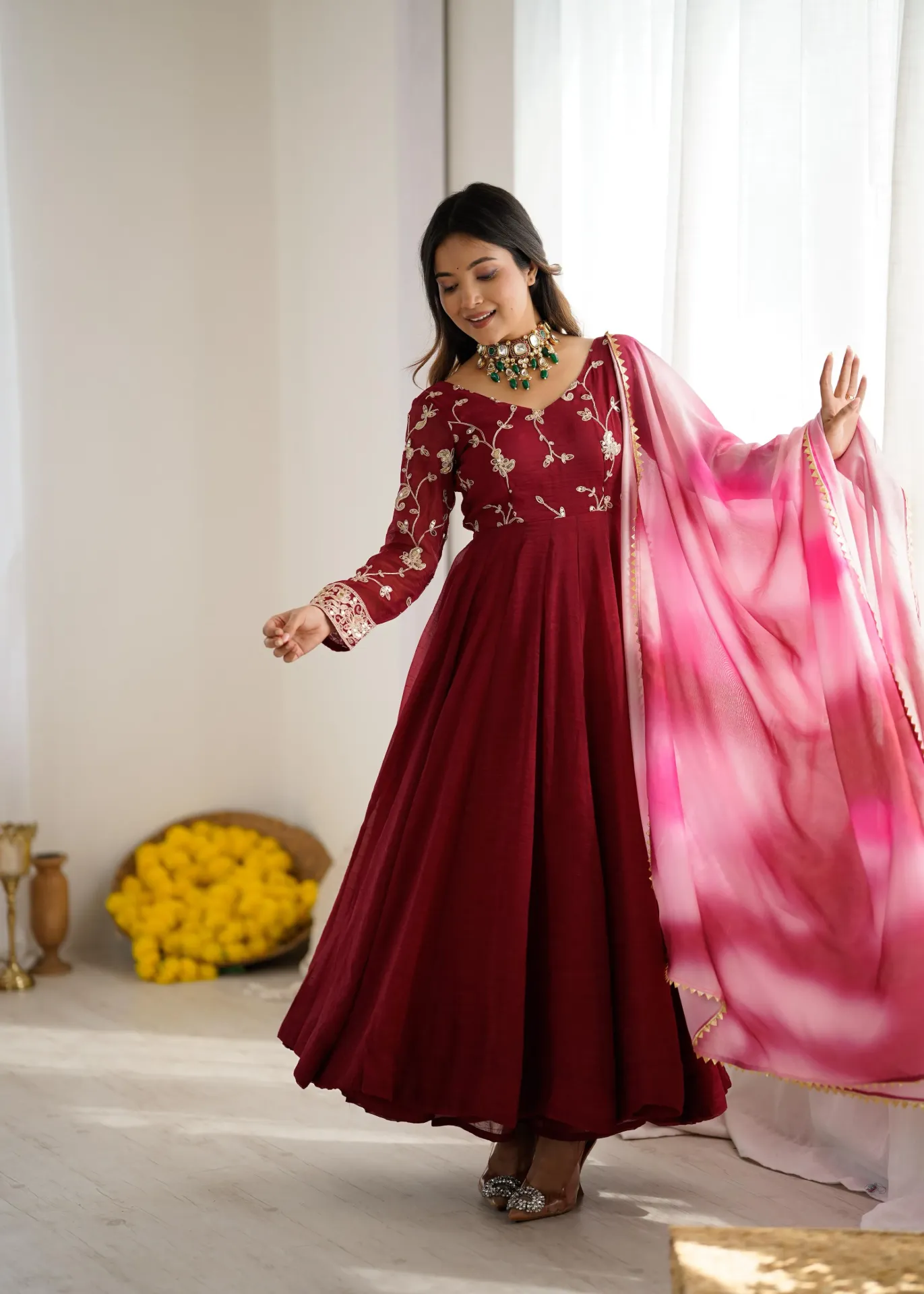 Crunchy Silk Sequin Embroidered Gown, Palazzo & Digitally Printed Chinon Dupatta Set