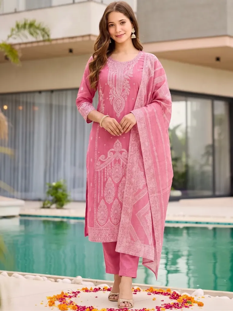 Pure 100% Cotton Jacquard Work Kurta, Pant & Dupatta Set (S)