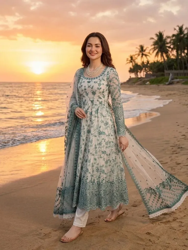 Faux Georgette Sequin Embroidered Anarkali Kurta, Pant & Net Dupatta Set
