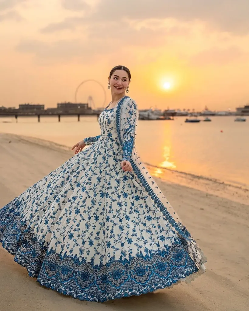 Faux Georgette Sequin Embroidered Anarkali Kurta, Pant & Net Dupatta Set (M, Blue)