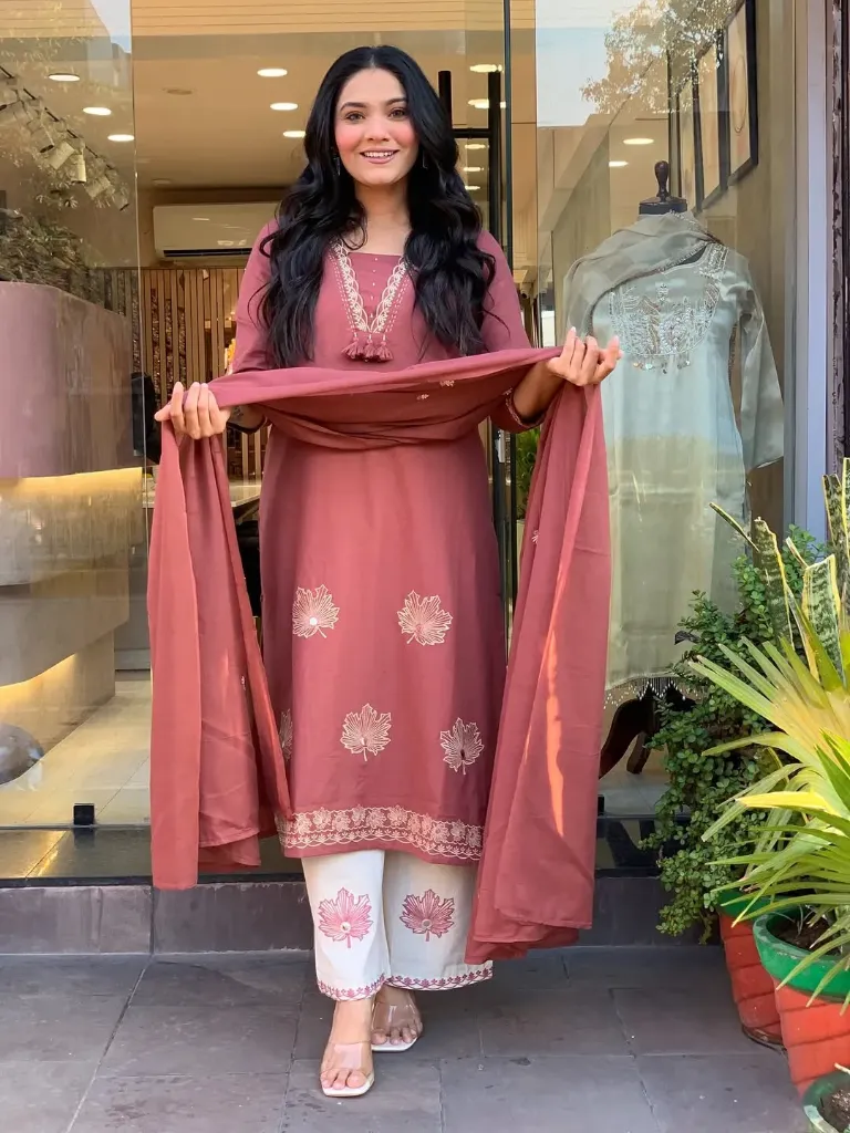 Pure Cotton 60*60 A-Line Embroidered Kurta Pant Set with Malmal Dupatta (M)