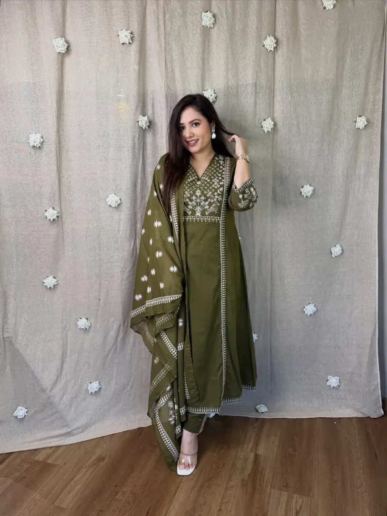 Pure Cotton Voluminous A-Line Embroidered Kurta, Palazzo & Malmal Dupatta Set