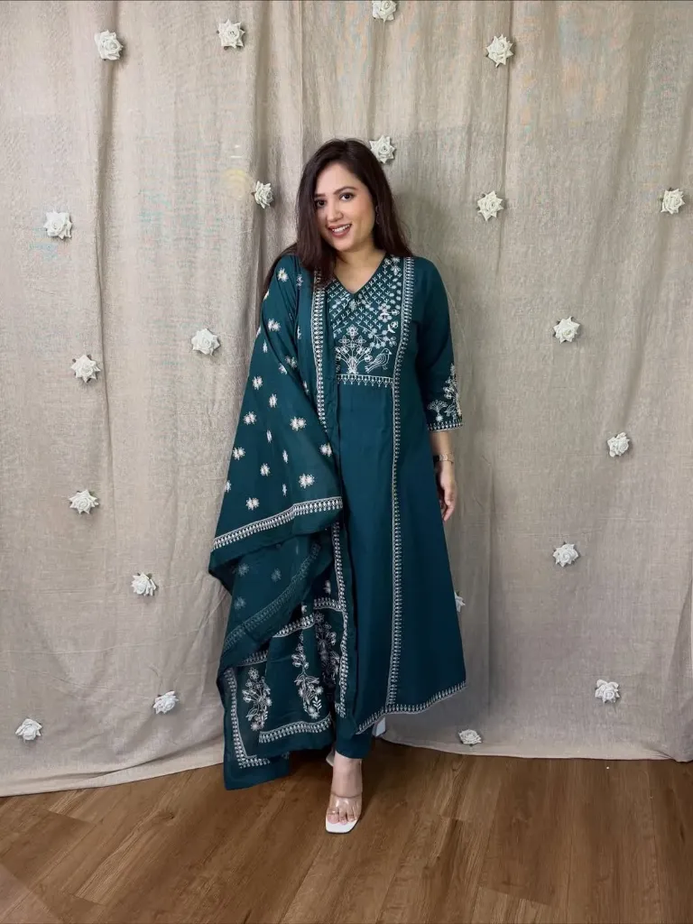 Pure Cotton Voluminous A-Line Embroidered Kurta, Palazzo & Malmal Dupatta Set (M, Blue)