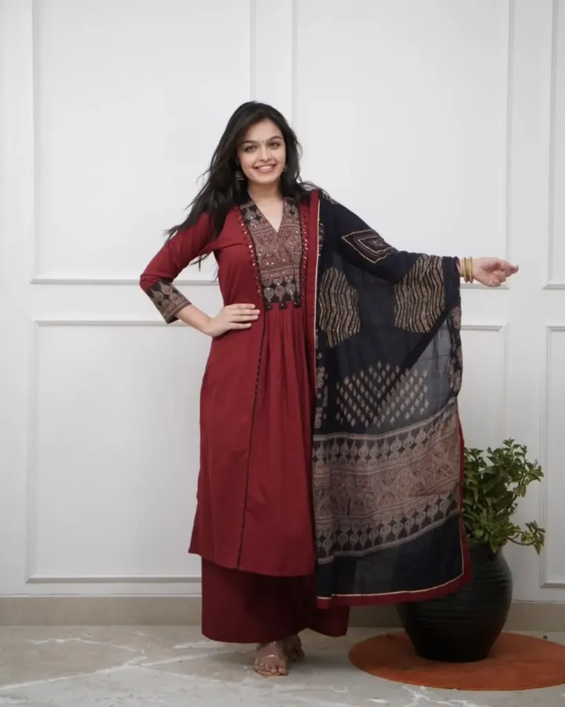 Pure Cotton 60-60 A-Line Machine Printed Kurta Pant Set with Adda Work & Dual Pockets (M, Maroon)