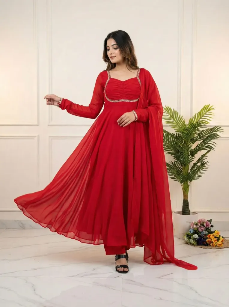Fox Georgette 9mm Rainbow Sequin Gown with Crepe Pants and Latkan Dupatta (S, Red)