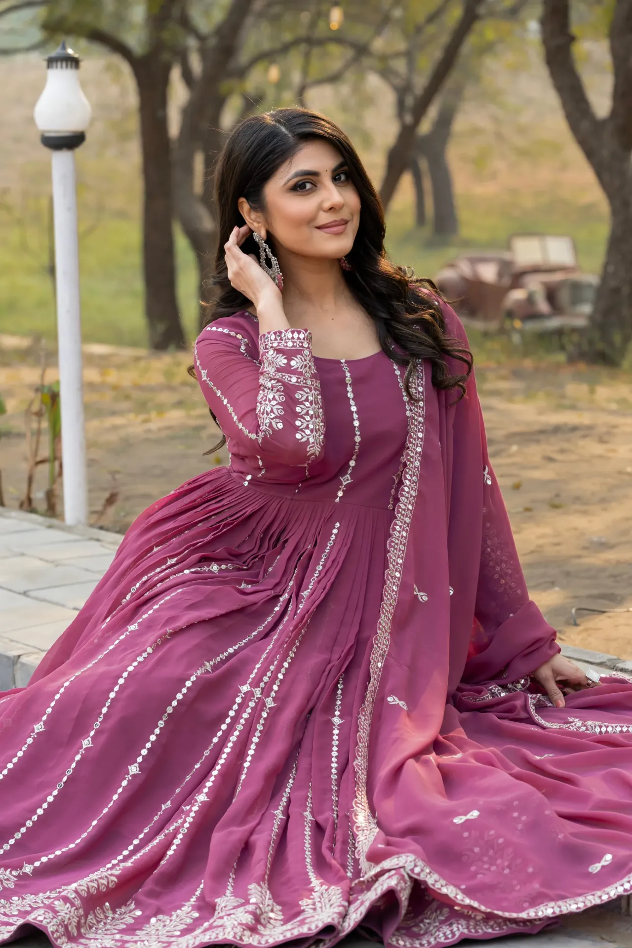 Fox Georgette 7mm Sequin Embroidered Festival Gown with Voluminous 3.5m Flair (M, Pink)