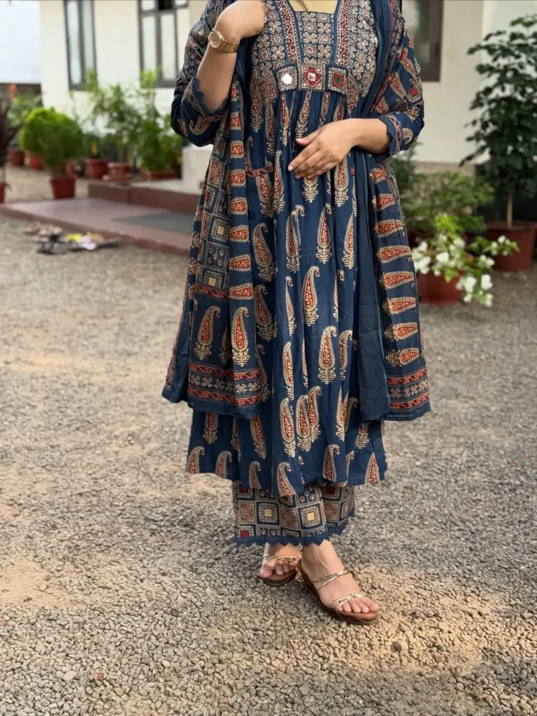 Jaipur Pure Cotton 60x60 Bagru Print A-Line Kurta Palazzo Set with Original Mirror Work & Free Modern Gen Z Bracelet Gift (M, Blue)