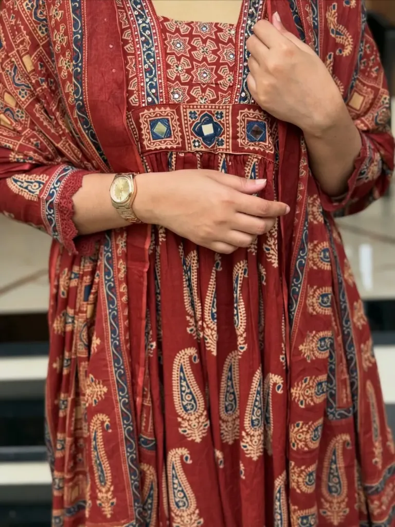Jaipur Pure Cotton 60x60 Bagru Print A-Line Kurta Palazzo Set with Original Mirror Work & Free Modern Gen Z Bracelet Gift