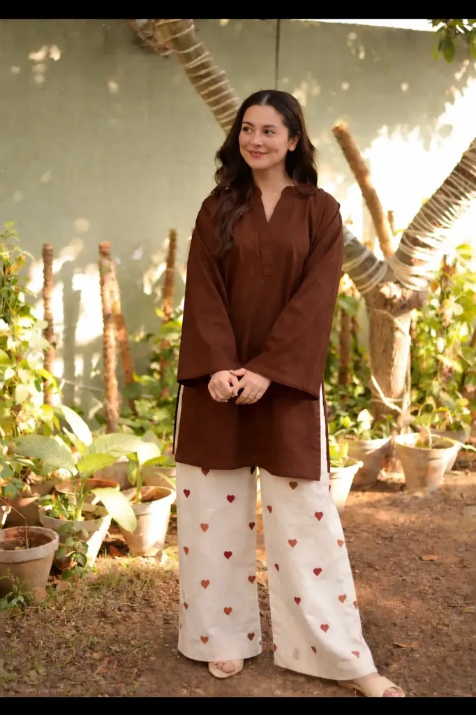 Pure Cotton 60*60 Heavy Embroidered Kurti & Palazzo Co-ord Set with Free Modern Gen Z Bracelet Gift (M, Brown)