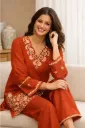 Pure Cotton 60-60 Heavy Embroidered 2-Piece Co-ord Set – Rust