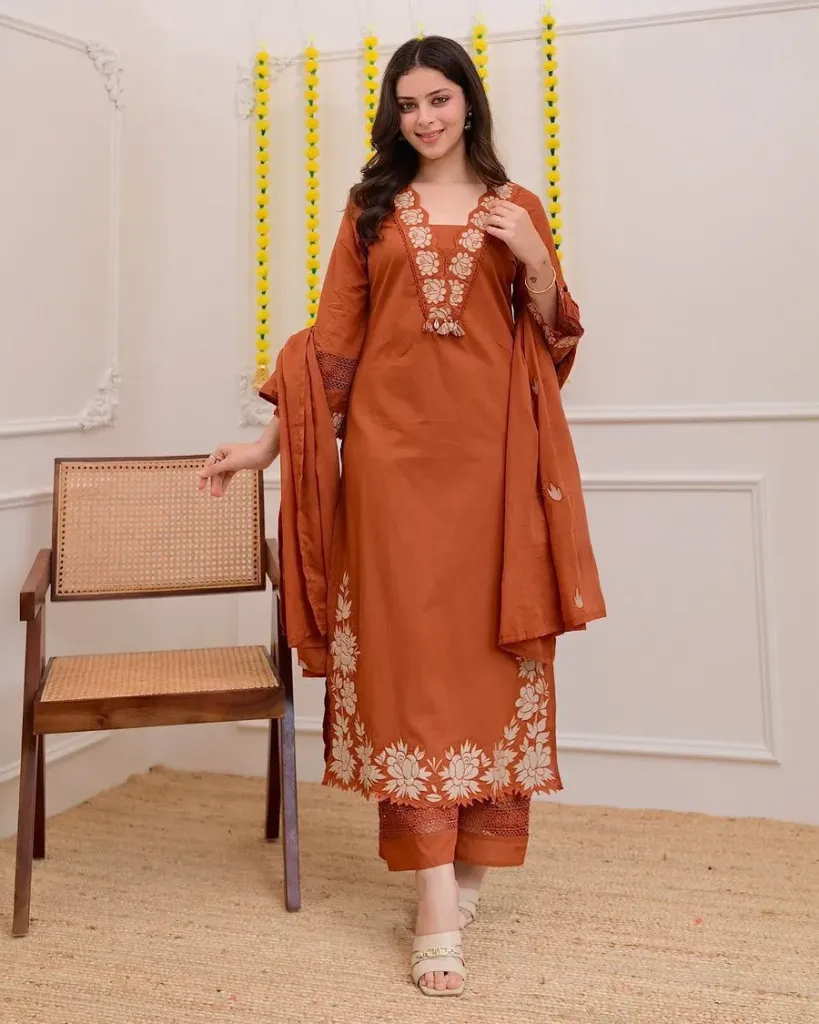 Pure Cotton 60-60 Straight Kurta Pant Set with Detailed Embroidery Work