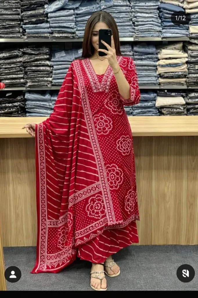 Pure Cotton 60-60 Bandhej Print Straight Kurti with Leheriya Palazzo & Malmal Dupatta Set