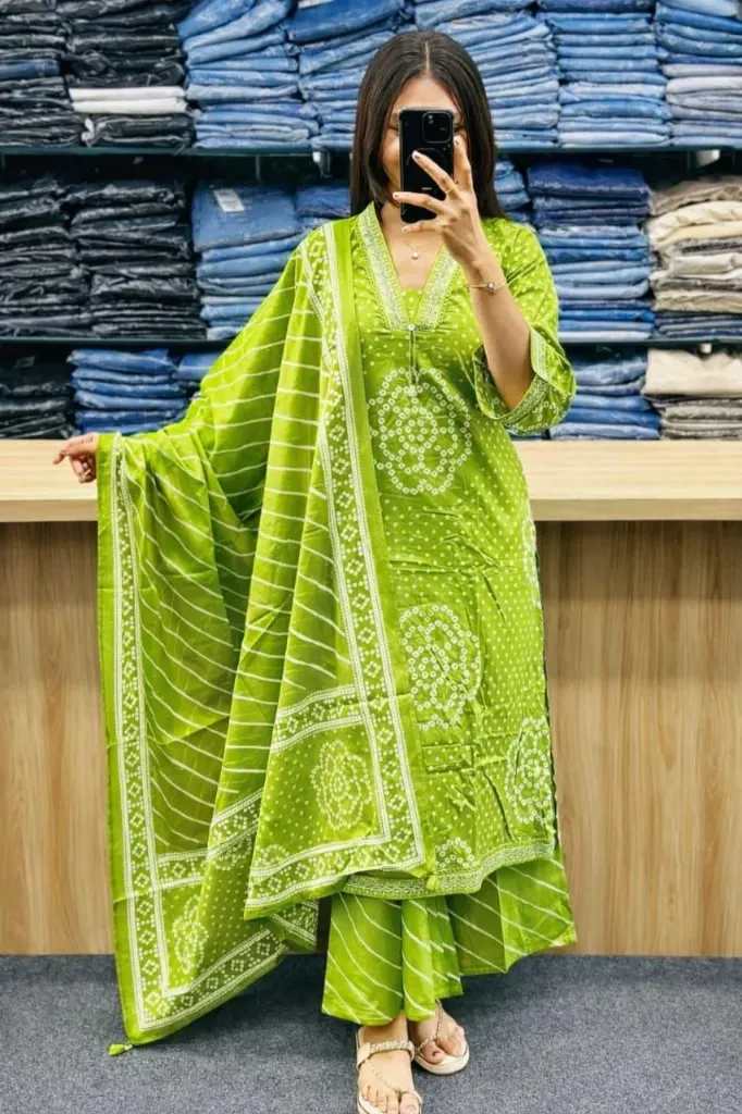 Pure Cotton 60-60 Bandhej Print Straight Kurti with Leheriya Palazzo & Malmal Dupatta Set
