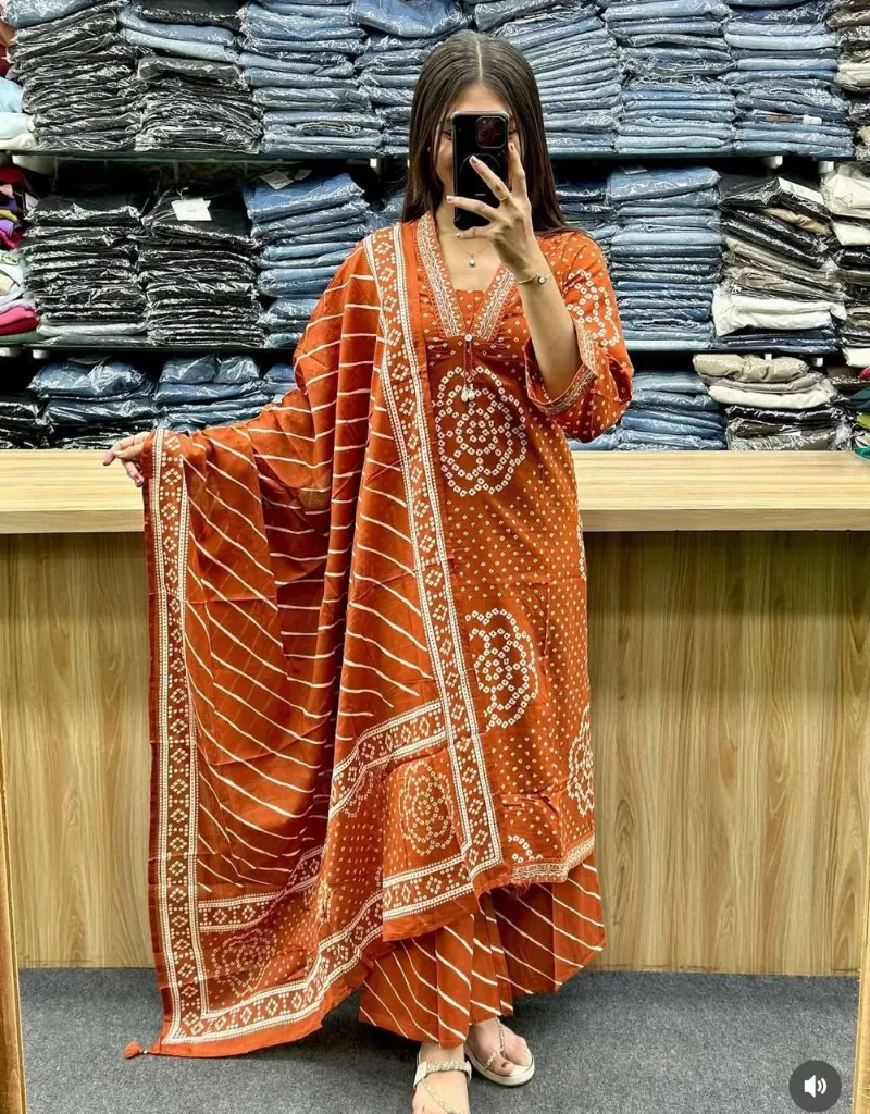 Pure Cotton 60-60 Bandhej Print Straight Kurti with Leheriya Palazzo & Malmal Dupatta Set