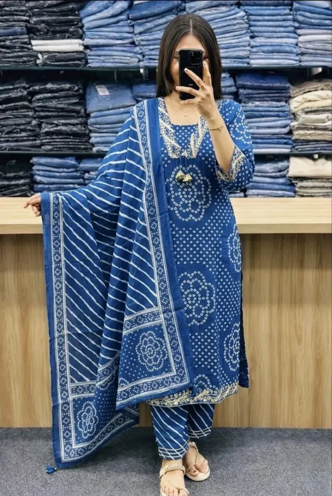 Pure Cotton 60-60 Bandhej Print Straight Kurti with Leheriya Palazzo & Malmal Dupatta Set (M, Blue)