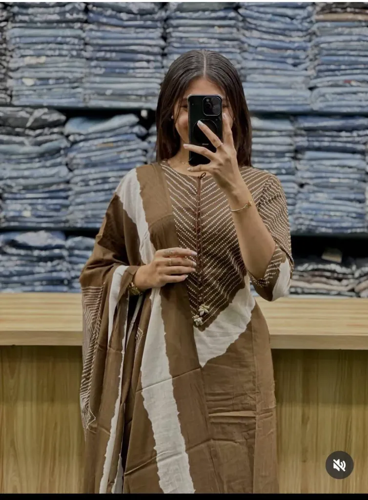 Pure Cotton 60-60 A-Line Kurti Palazzo Set with Intricate Yoke Detailing & Dori-Codi Accents (M, Brown)