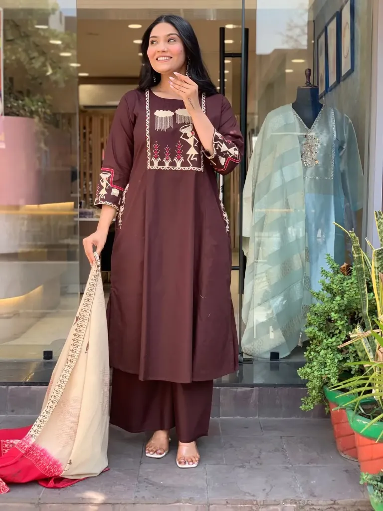 Pure Cotton Machine Print A-Line Kurta Pant Set with Dual Side Pockets & Embroidery Work (M)