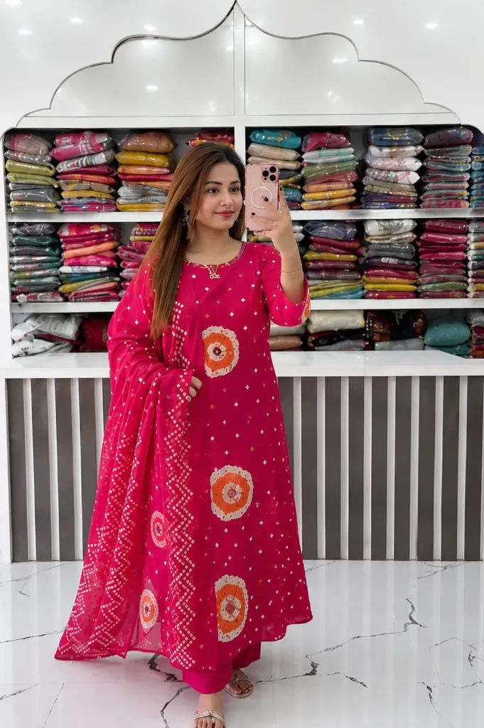 Heavy Fine Cotton Discharge Print Kurti Pant Set with Artisanal Hand Work & 100-100 Cotton Dupatta (M, Pink)