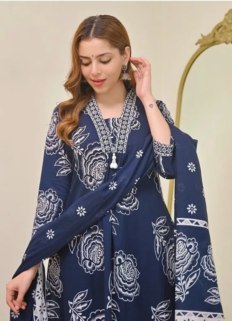 Pure Cotton 60-60 Flared A-Line Kurti Pant Set with Intricate Yoke Detailing & Dupatta (M, Blue)