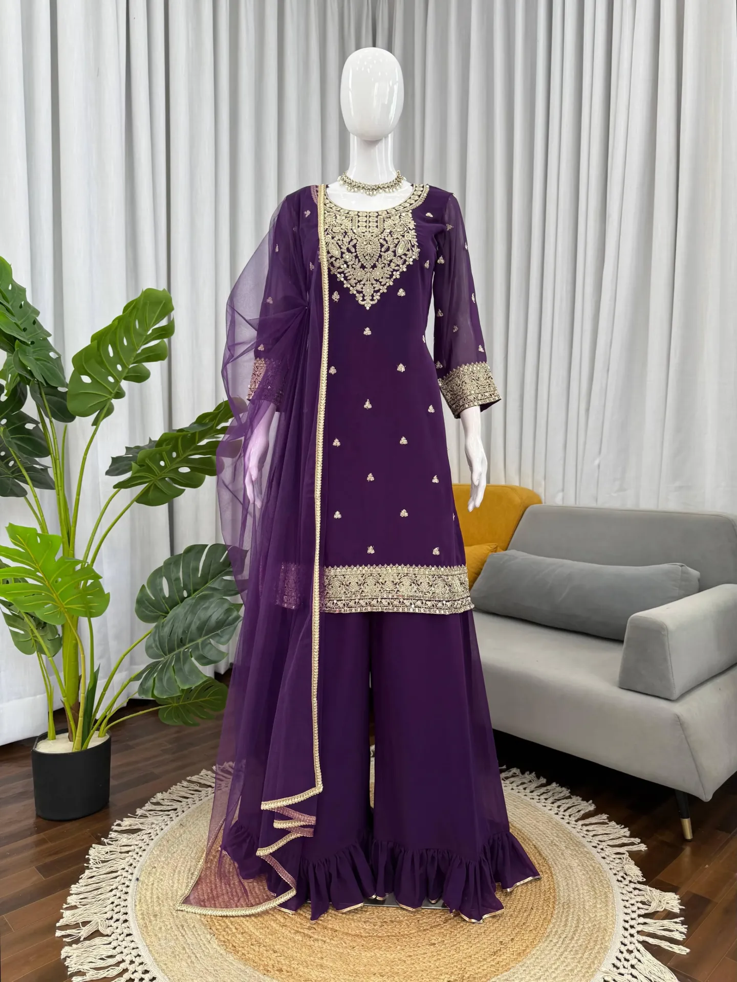 Faux Georgette Coding & Sequence Work Top with Matching Palazzo and Net Dupatta Set (M)