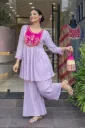 "Light Purple" Shining Glass Tissue Sharara Kurta Set with Magenta Yoke, Floral Embroidery & Pearl Tassels