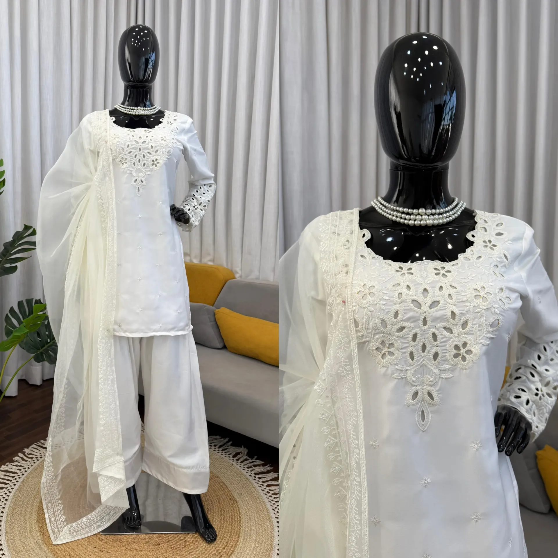 Natural Crepe Thread & Sequence Work Top with Farshi Salwar and Organza Silk Dupatta Set (M, White)
