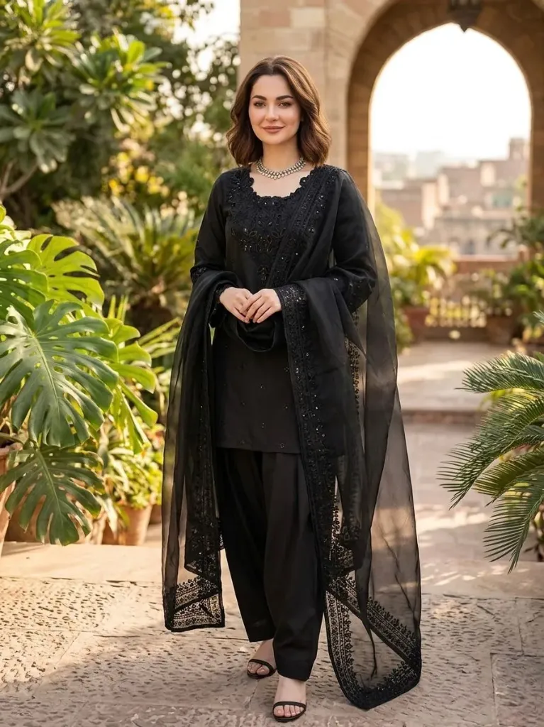 Natural Crepe Thread & Sequence Work Top with Farshi Salwar and Organza Silk Dupatta Set
