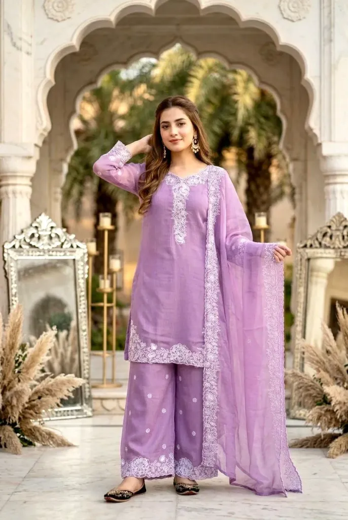 Heavy Mal Chanderi Embroidered Sequence Work Top, Palazzo & Fancy Cut-Work Dupatta Set