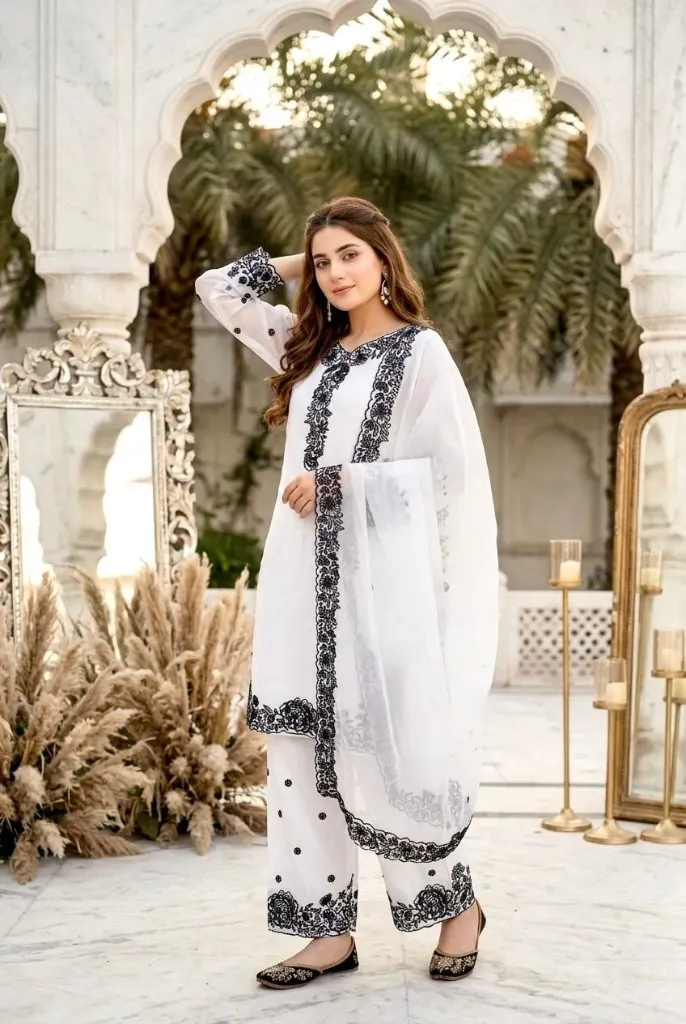 Heavy Mal Chanderi Embroidered Sequence Work Top, Palazzo & Fancy Cut-Work Dupatta Set (M, White)