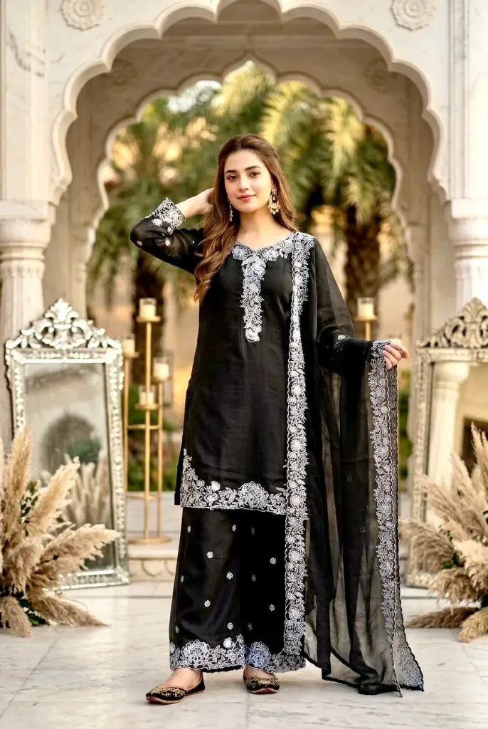 Heavy Mal Chanderi Embroidered Sequence Work Top, Palazzo & Fancy Cut-Work Dupatta Set
