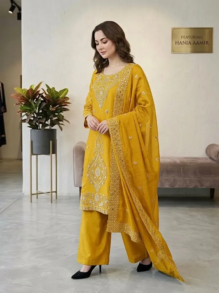 Jimmy Choo Silk Embroidered Beads Work Top, Full-Flair Palazzo & Cut-Work Dupatta Set