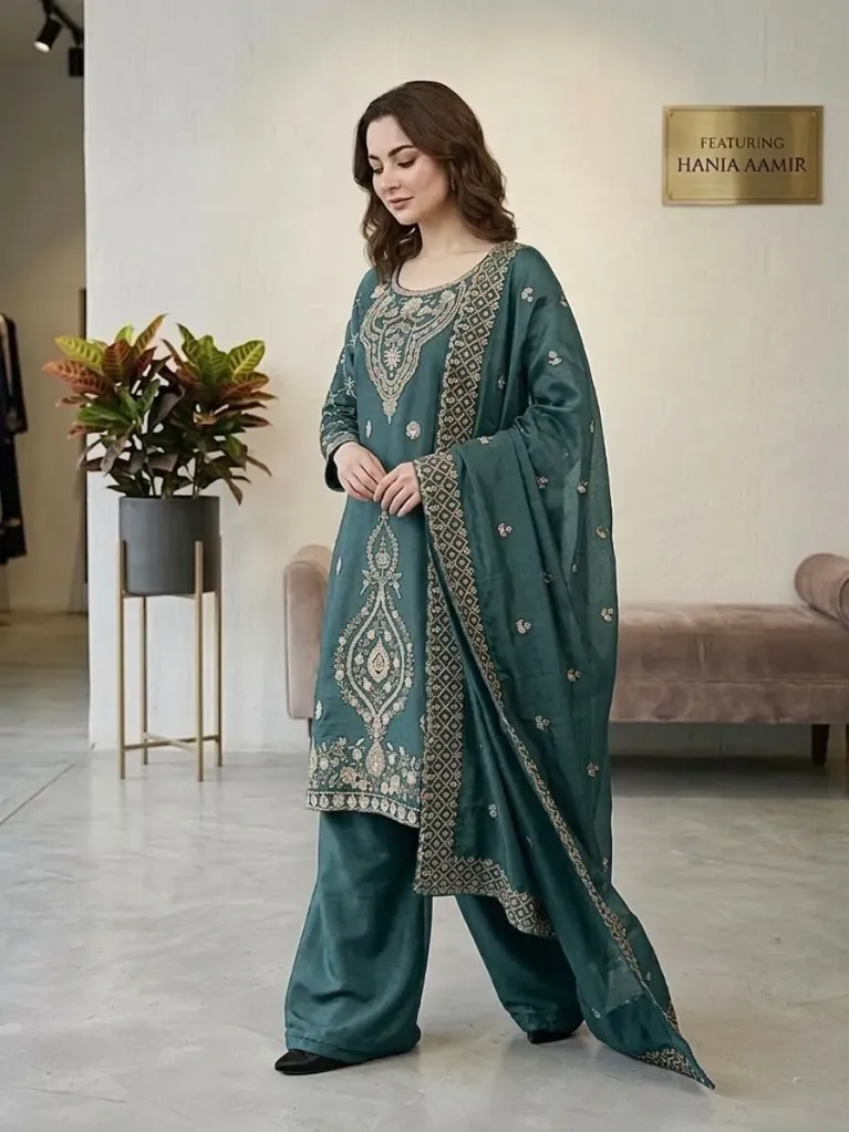 Jimmy Choo Silk Embroidered Beads Work Top, Full-Flair Palazzo & Cut-Work Dupatta Set
