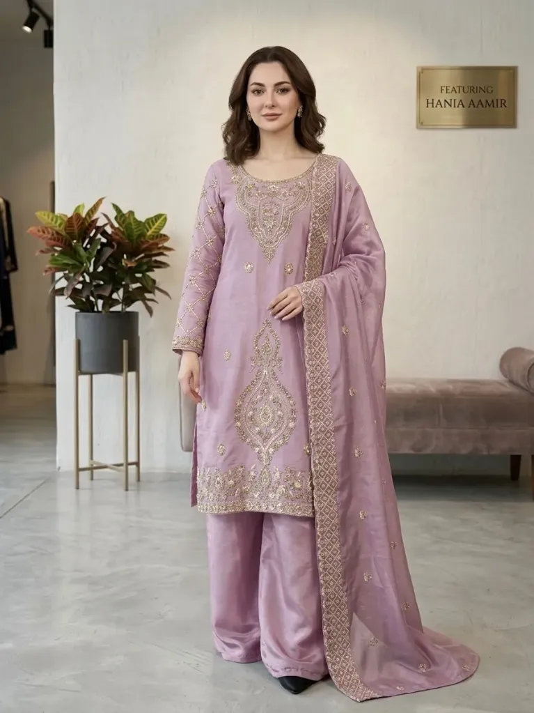 Jimmy Choo Silk Embroidered Beads Work Top, Full-Flair Palazzo & Cut-Work Dupatta Set