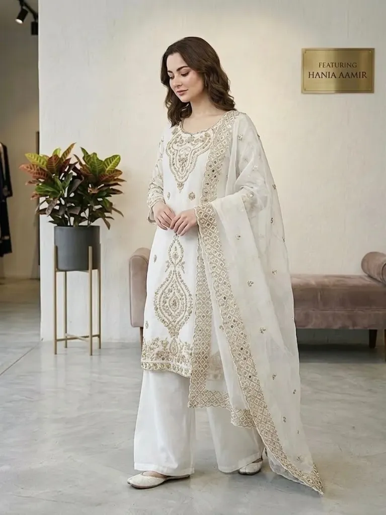 Jimmy Choo Silk Embroidered Beads Work Top, Full-Flair Palazzo & Cut-Work Dupatta Set (M, White)