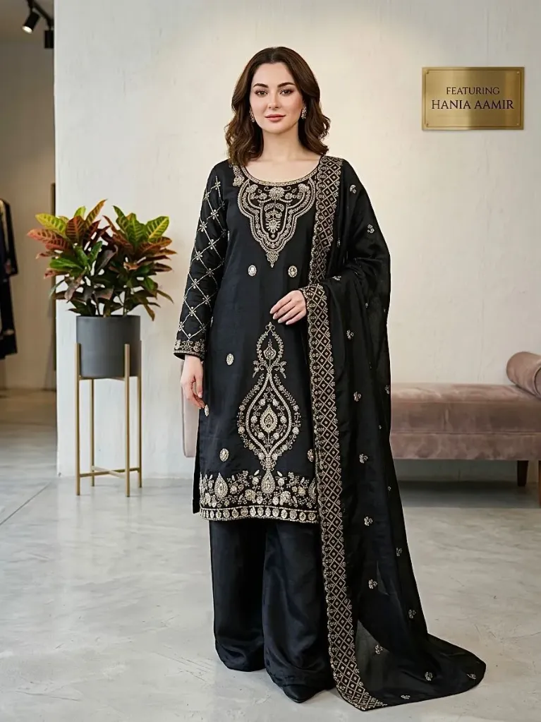 Jimmy Choo Silk Embroidered Beads Work Top, Full-Flair Palazzo & Cut-Work Dupatta Set