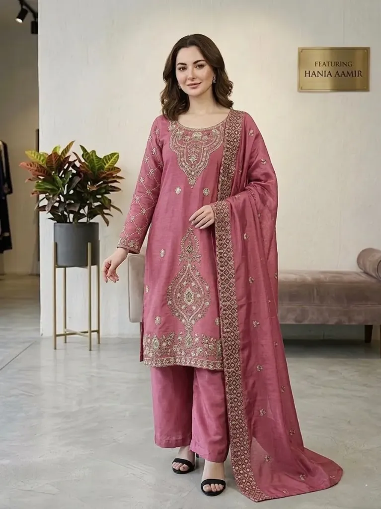 Jimmy Choo Silk Embroidered Beads Work Top, Full-Flair Palazzo & Cut-Work Dupatta Set