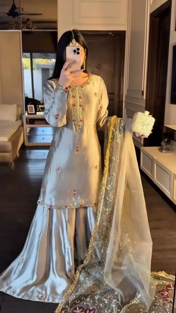 Heavy Zapan Satin Silk Embroidered Front-and-Back Work Top, Matching Palazzo & Brush-Print Organza Dupatta Set (M)