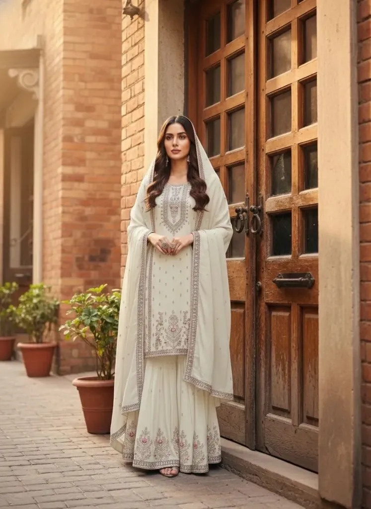 Premium Chinon Silk Hand-Mirrored & Diamond Work Top, Matching Palazzo & Sequence Dupatta Set (M, White)