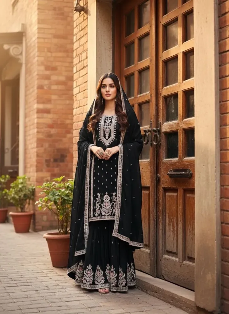 Premium Chinon Silk Hand-Mirrored & Diamond Work Top, Matching Palazzo & Sequence Dupatta Set