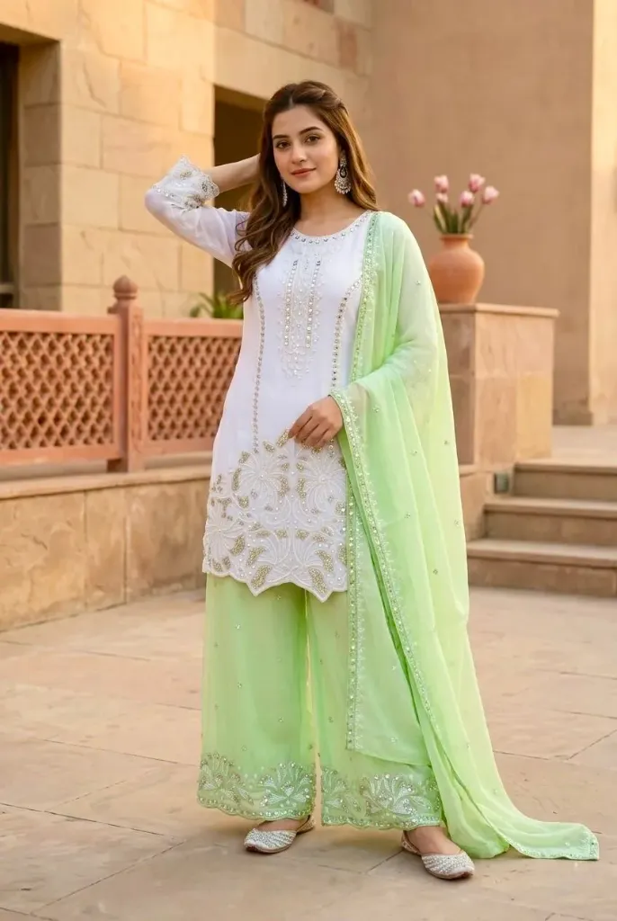 Heavy Faux Georgette 3-Piece Suit Set with Both-Side Sequence Embroidery & Pearl Moti Hand Work