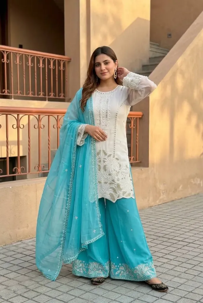 Heavy Faux Georgette 3-Piece Suit Set with Both-Side Sequence Embroidery & Pearl Moti Hand Work (M, Blue)