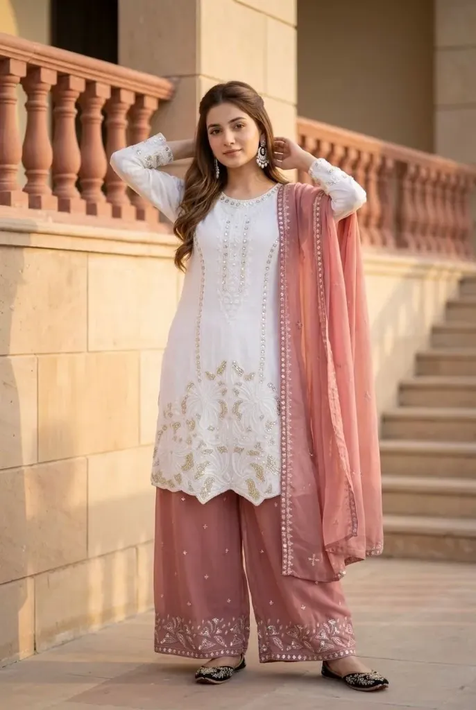 Heavy Faux Georgette 3-Piece Suit Set with Both-Side Sequence Embroidery & Pearl Moti Hand Work