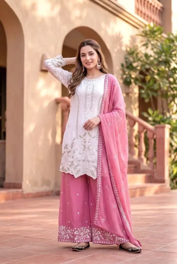 Heavy Faux Georgette 3-Piece Suit Set with Both-Side Sequence Embroidery & Pearl Moti Hand Work