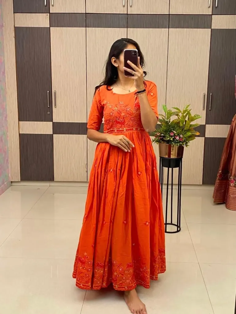 Summer Special Pure Mul Cotton Flared Gown (One Piece) with Heavy Embroidery & Back Dori Pattern